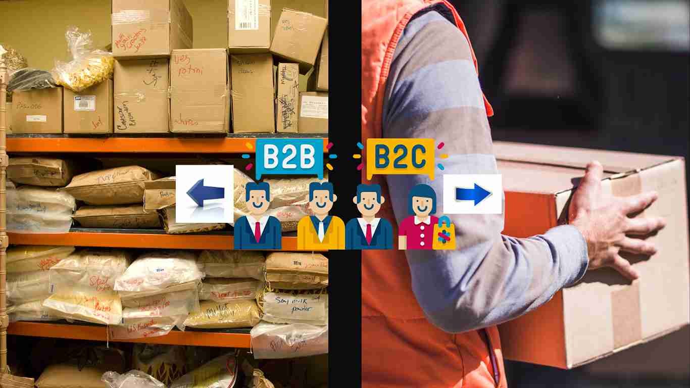 Split-screen of a warehouse for B2B logistics and a delivery driver serving B2C customers, highlighting efficient supply chain strategies.